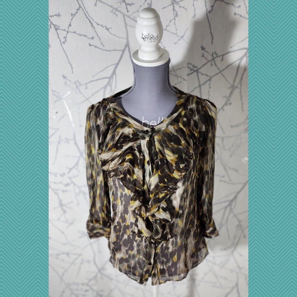 Milly of New York Brushstroke Leopard Print Silk Ruffle Front Blouse